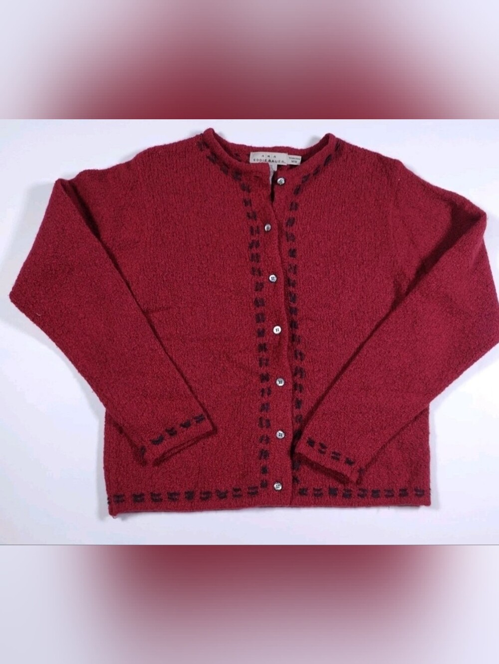 Vintage Eddie Bauer Red Wool Blend Cardigan With Black Accents Size M